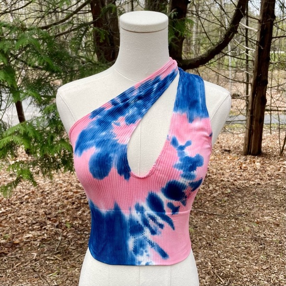NWOT Cotton Candy Tie Dye Ribbed Tank Top Convertible Keyhole Asymmetrical Crop - Picture 1 of 15